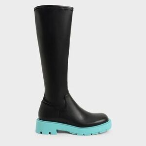 New Charles and Keith womens piper knee high boots black blue chunky us 10 eu 40